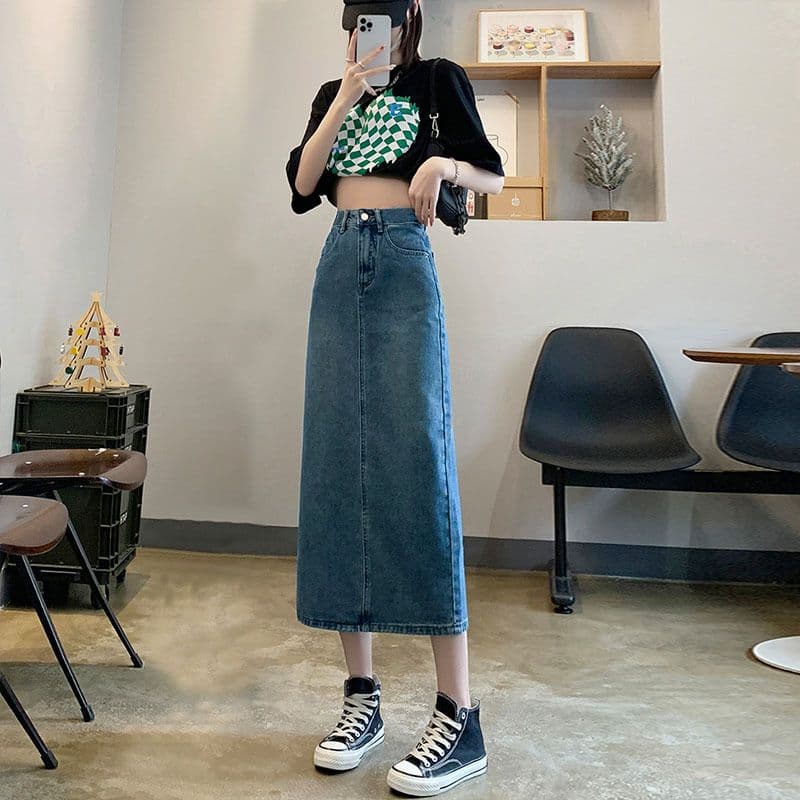 タイトスカート デニム素材サイドスリット入りロングタイトスカート
