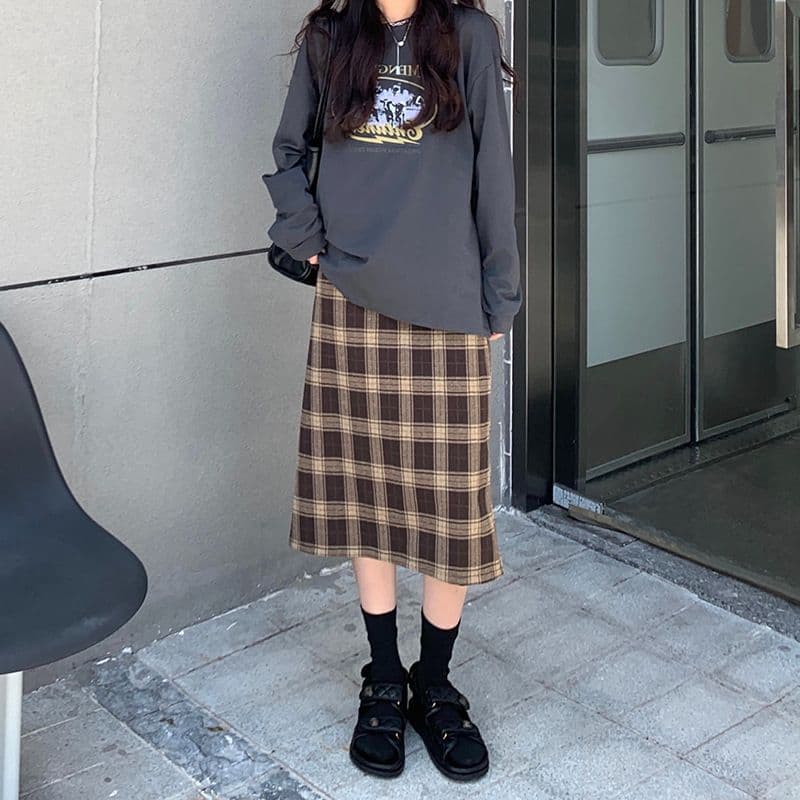 タイトスカート クラシック格子柄タイトロングスカート