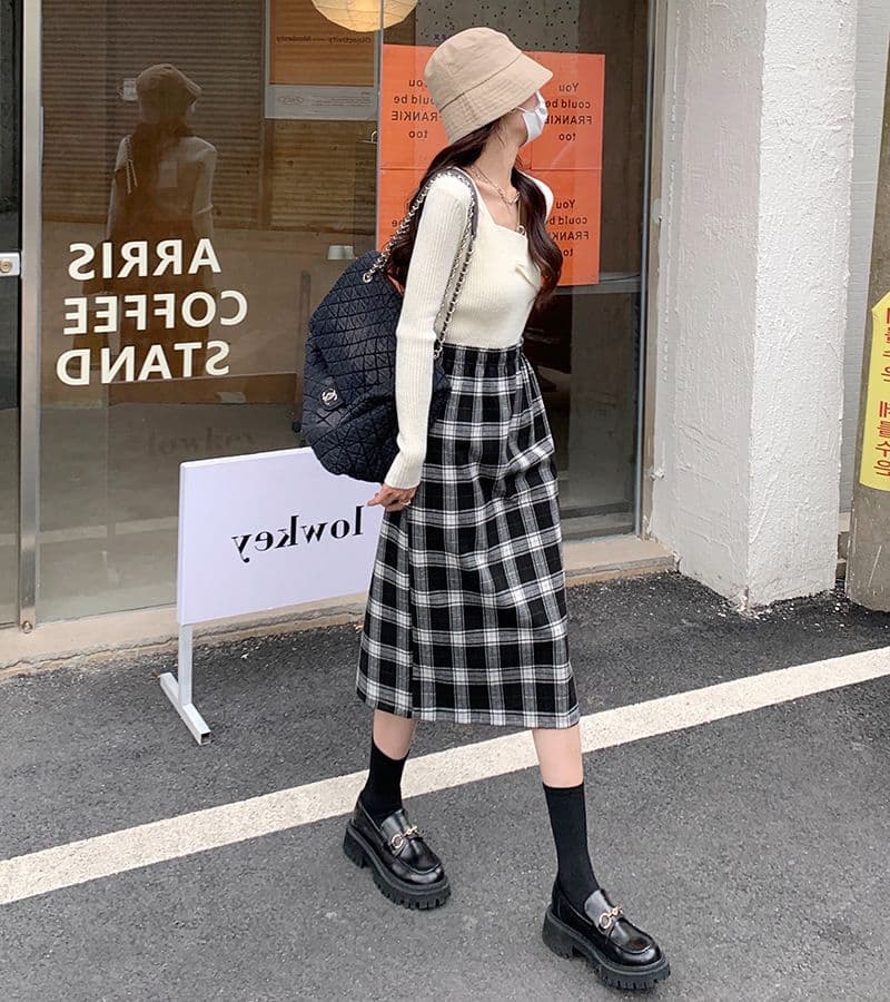タイトスカート クラシック格子柄タイトロングスカート