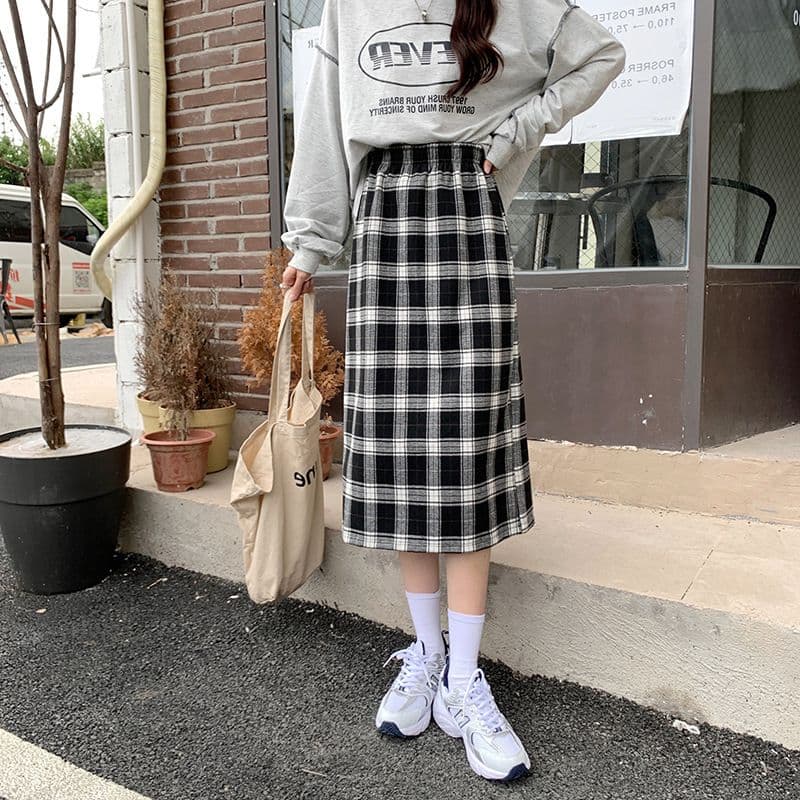 タイトスカート クラシック格子柄タイトロングスカート