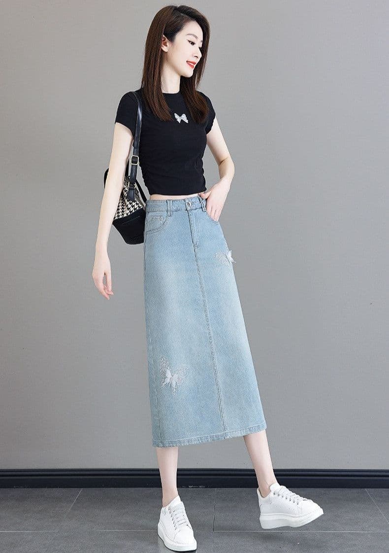 タイトスカート 刺繍入りデニム地ハイウエストタイトスカート