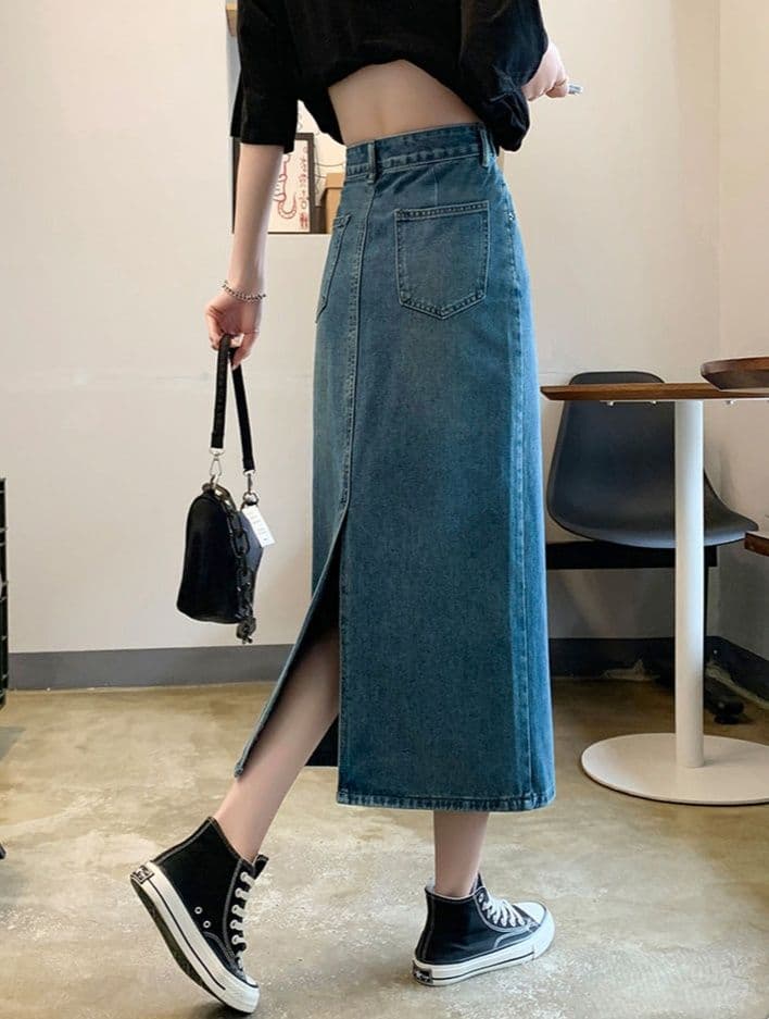 タイトスカート デニム素材サイドスリット入りロングタイトスカート