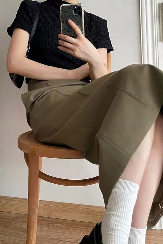 タイトスカート 上品なベルト付きロング丈タイトスカート
