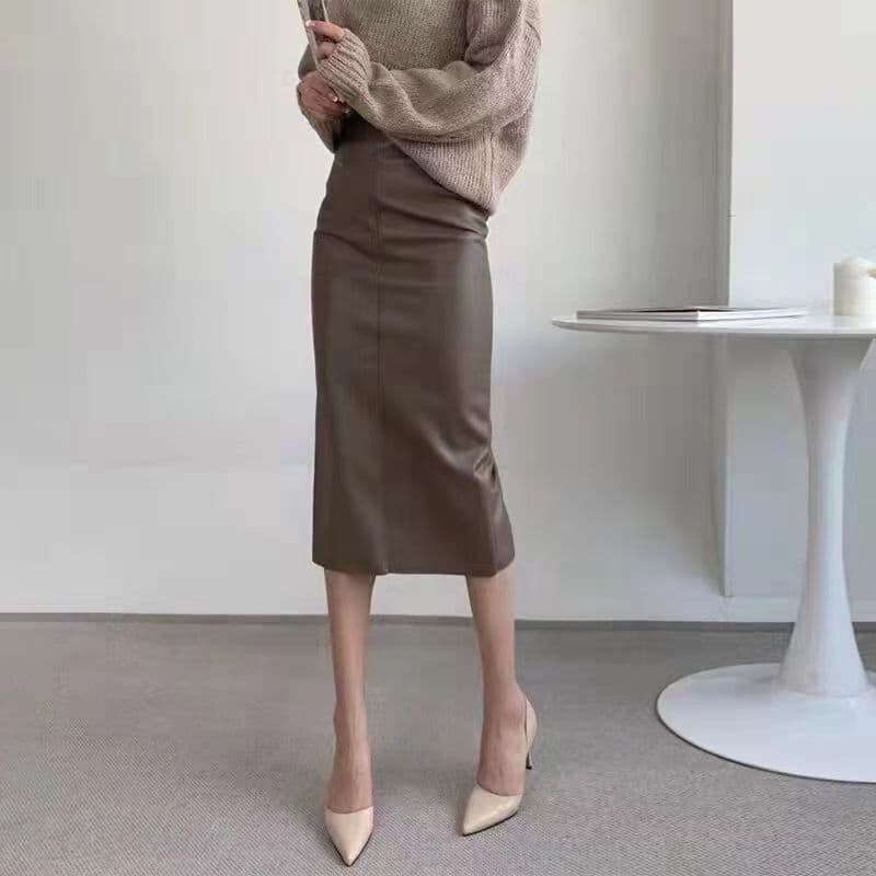 合成皮革ハイウエストロングタイトスカート