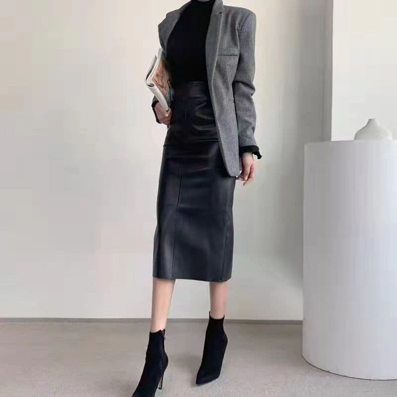 合成皮革ハイウエストロングタイトスカート