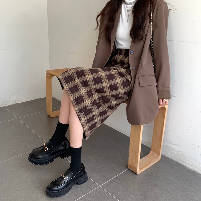 タイトスカート クラシック格子柄タイトロングスカート