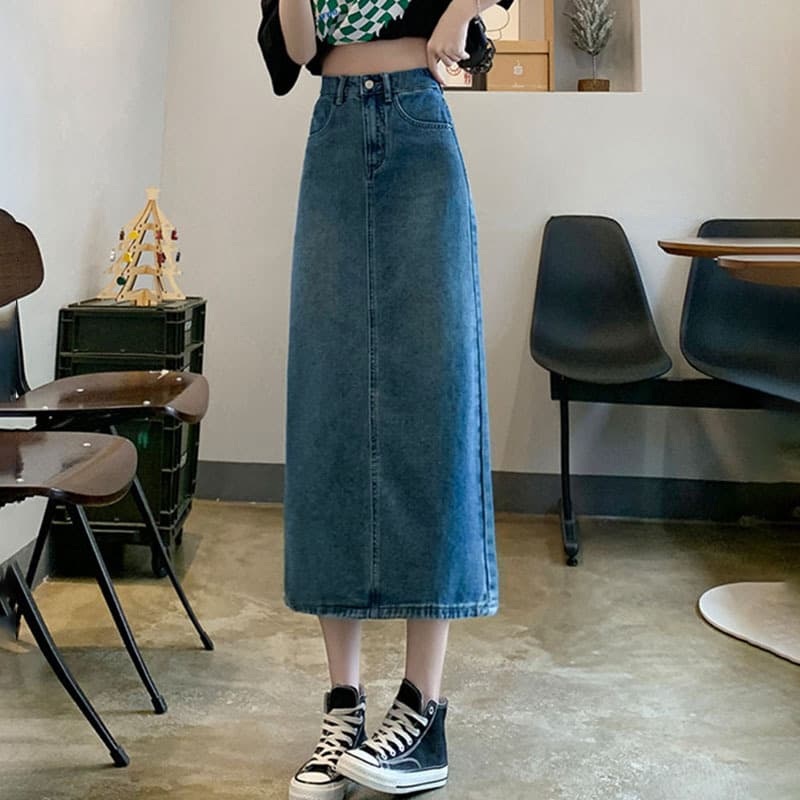 タイトスカート デニム素材サイドスリット入りロングタイトスカート