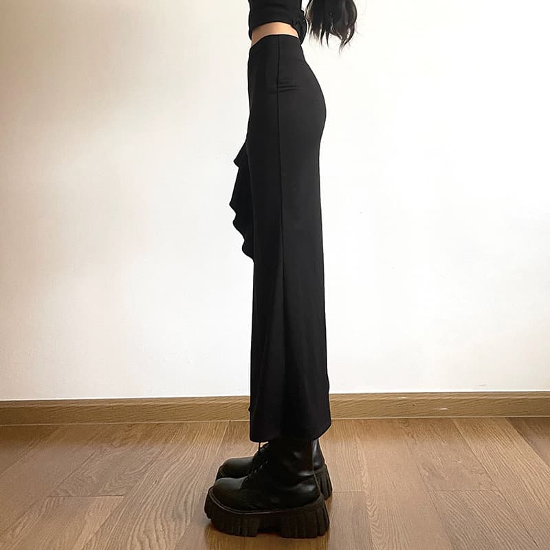 ハイウェスト ロング タイトスカート フリル スリット 黒