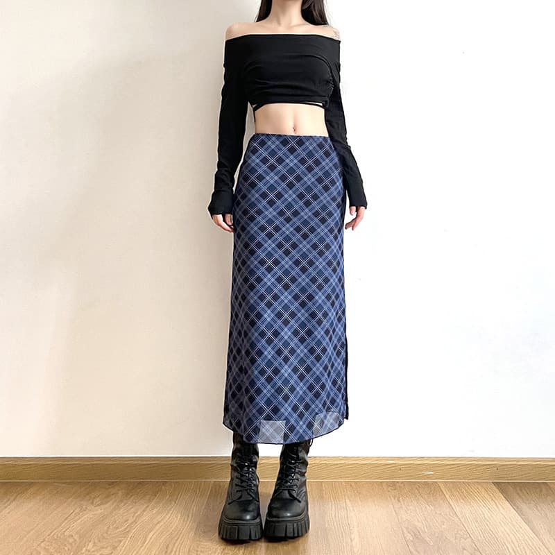 タイトスカート 斜めチェック柄シアー素材タイトロングスカート