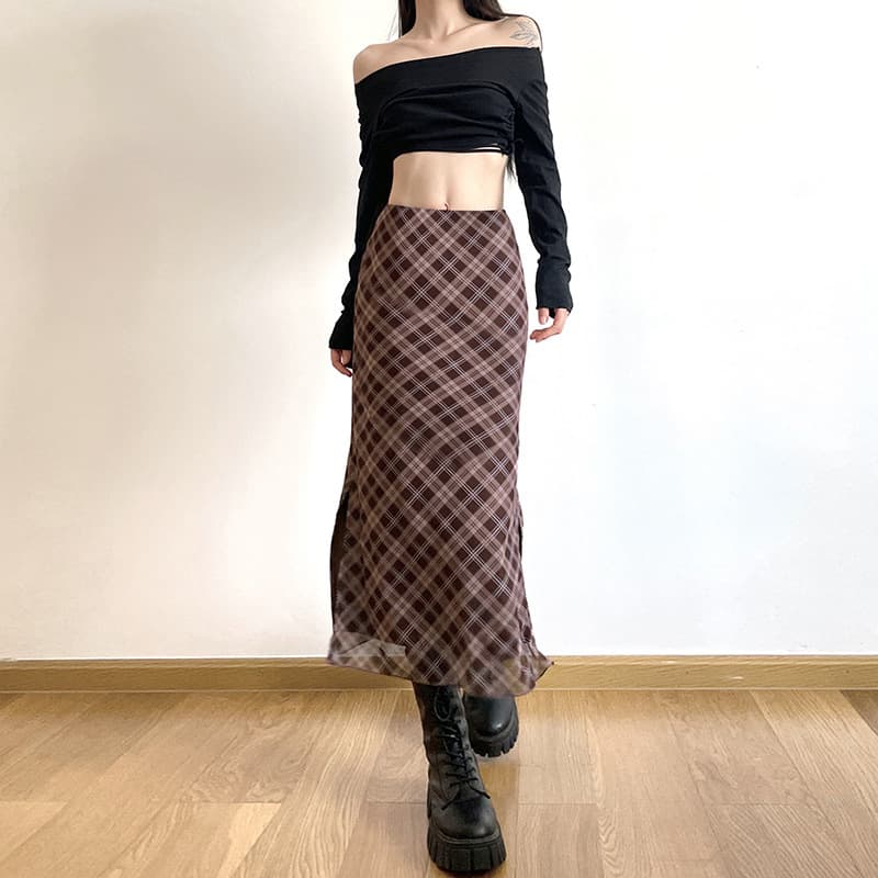 タイトスカート 斜めチェック柄シアー素材タイトロングスカート