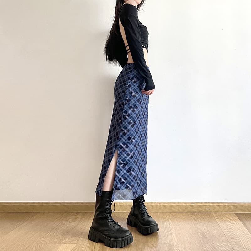 タイトスカート 斜めチェック柄シアー素材タイトロングスカート