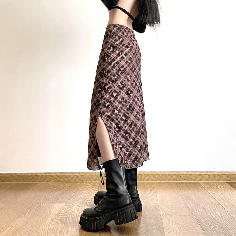 タイトスカート 斜めチェック柄シアー素材タイトロングスカート