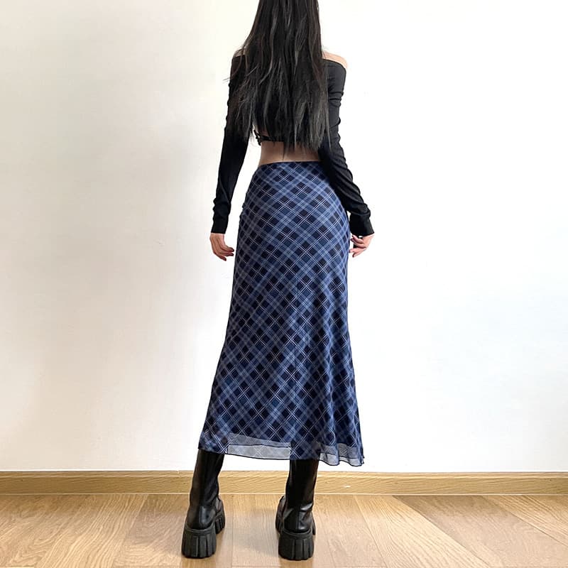 タイトスカート 斜めチェック柄シアー素材タイトロングスカート