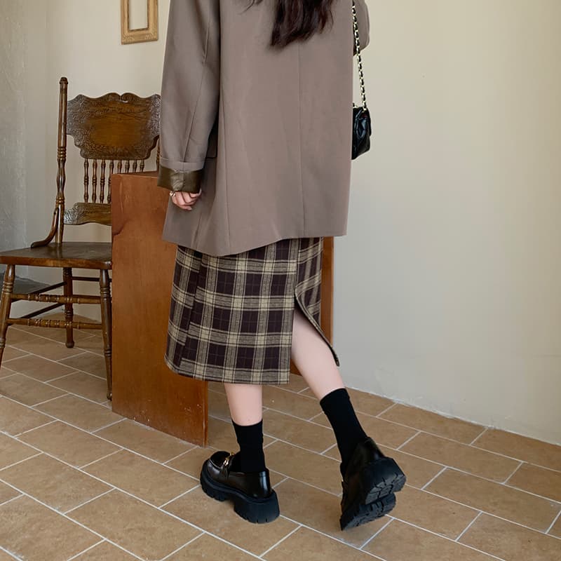 タイトスカート クラシック格子柄タイトロングスカート