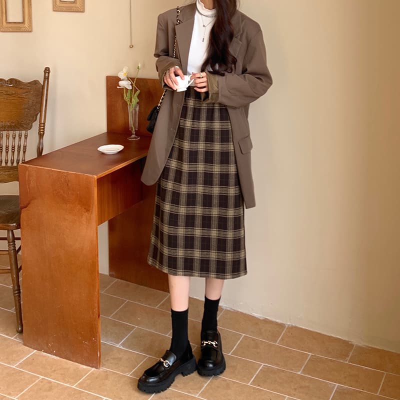 タイトスカート クラシック格子柄タイトロングスカート