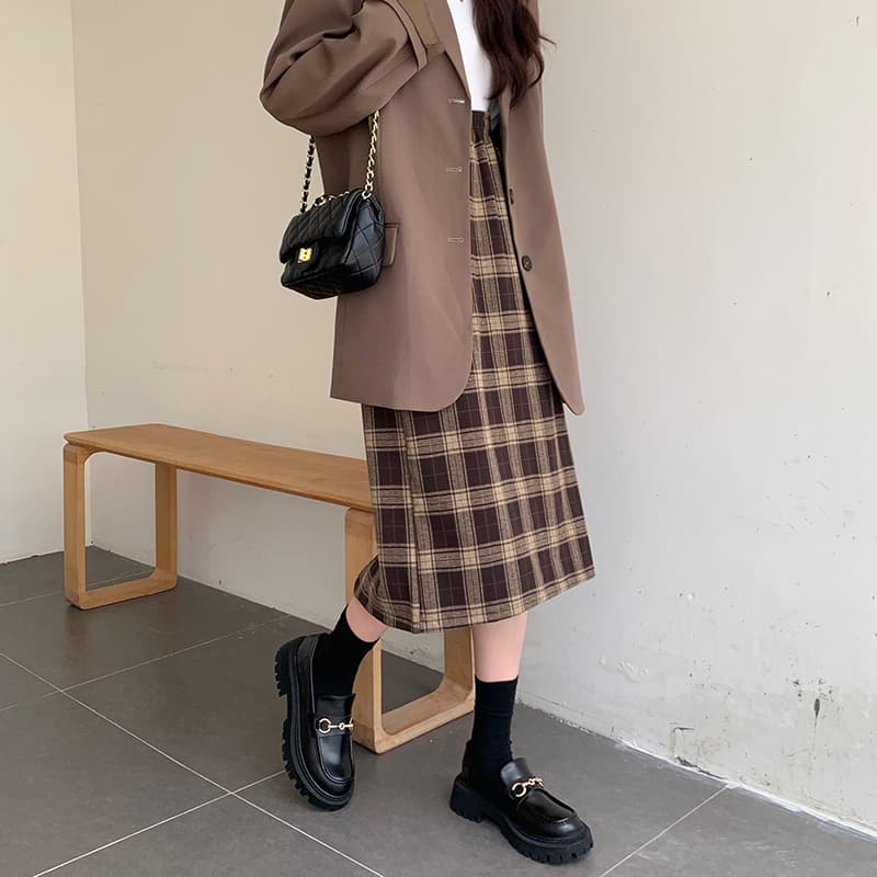 タイトスカート クラシック格子柄タイトロングスカート