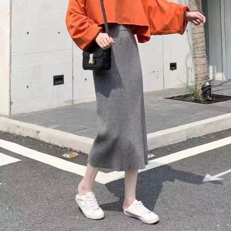 リブ編みニットタイトスカートロング丈