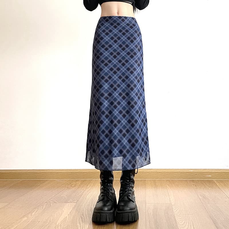 タイトスカート 斜めチェック柄シアー素材タイトロングスカート