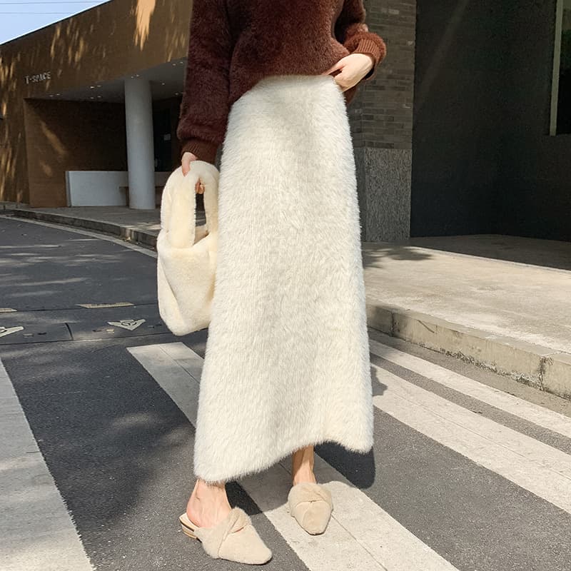 タイトスカート ふわふわモヘア風ウール素材ロング丈タイトスカート