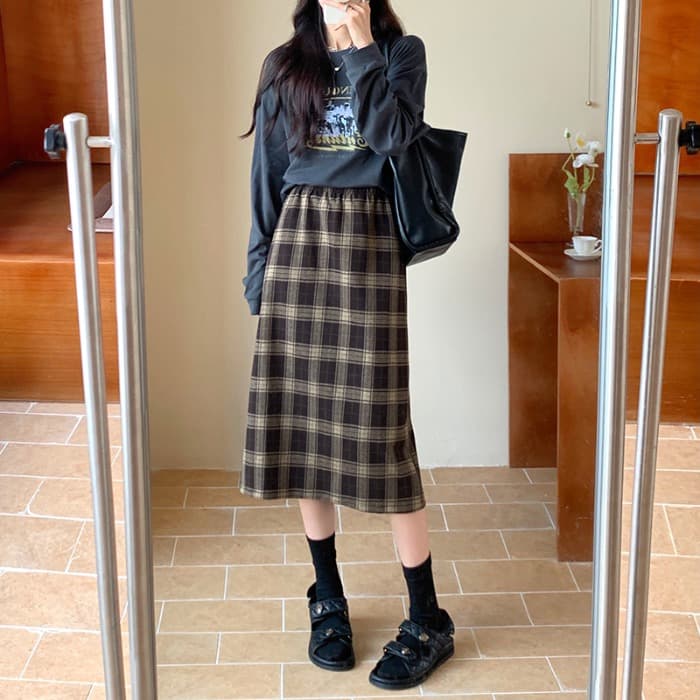 タイトスカート クラシック格子柄タイトロングスカート