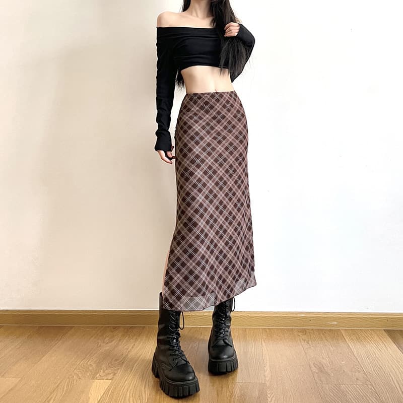 タイトスカート 斜めチェック柄シアー素材タイトロングスカート