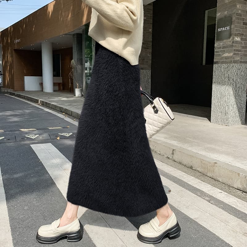 タイトスカート ふわふわモヘア風ウール素材ロング丈タイトスカート