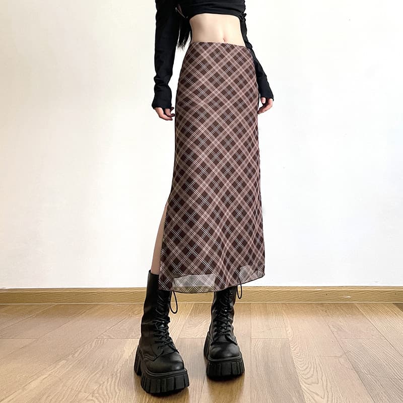 タイトスカート 斜めチェック柄シアー素材タイトロングスカート