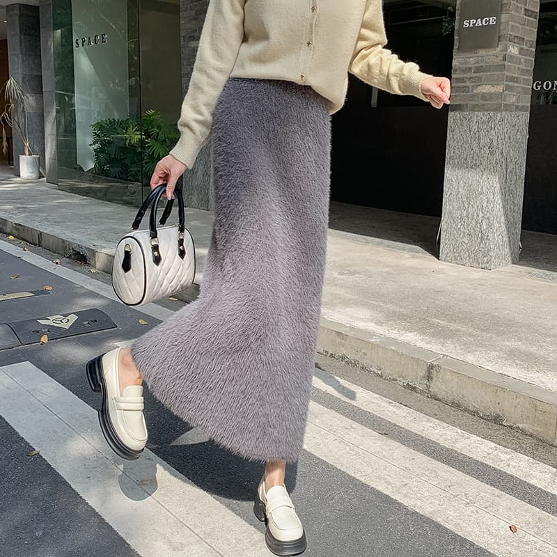 タイトスカート ふわふわモヘア風ウール素材ロング丈タイトスカート