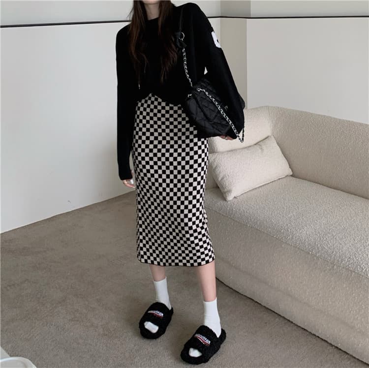 暖かい厚手市松模様ハイウエストロングタイトスカート