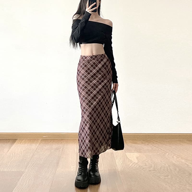 タイトスカート 斜めチェック柄シアー素材タイトロングスカート
