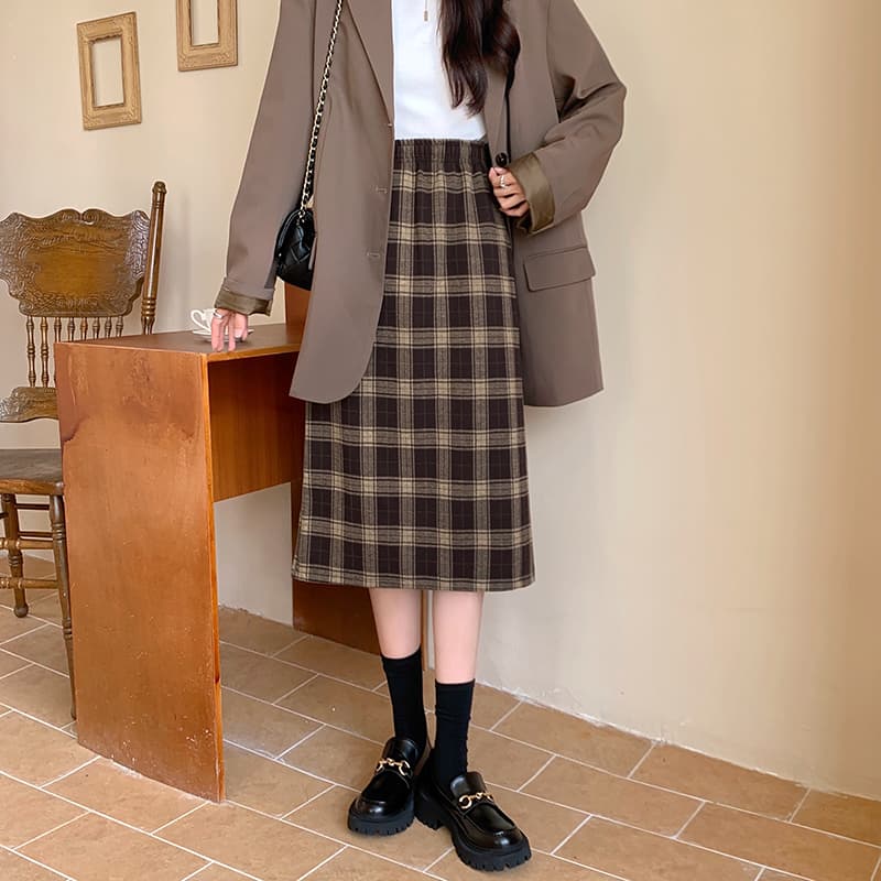タイトスカート クラシック格子柄タイトロングスカート