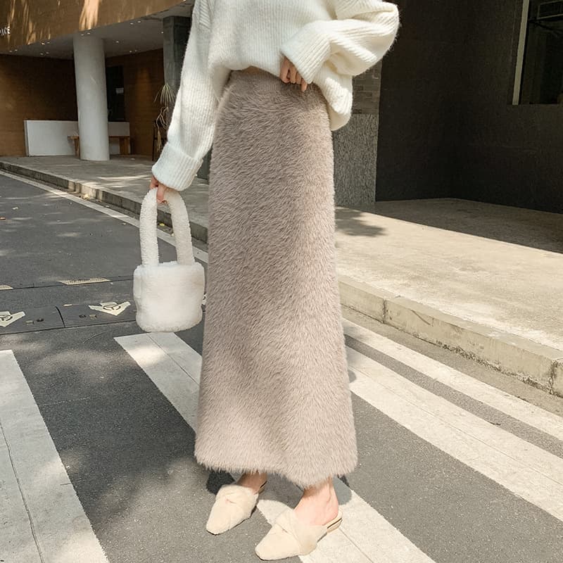 タイトスカート ふわふわモヘア風ウール素材ロング丈タイトスカート